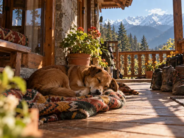 Bhalu, a brown dog, asleep on a Kullu blanket on the porch