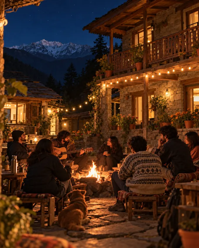 Guests around a bonfire in a stone courtyard at night