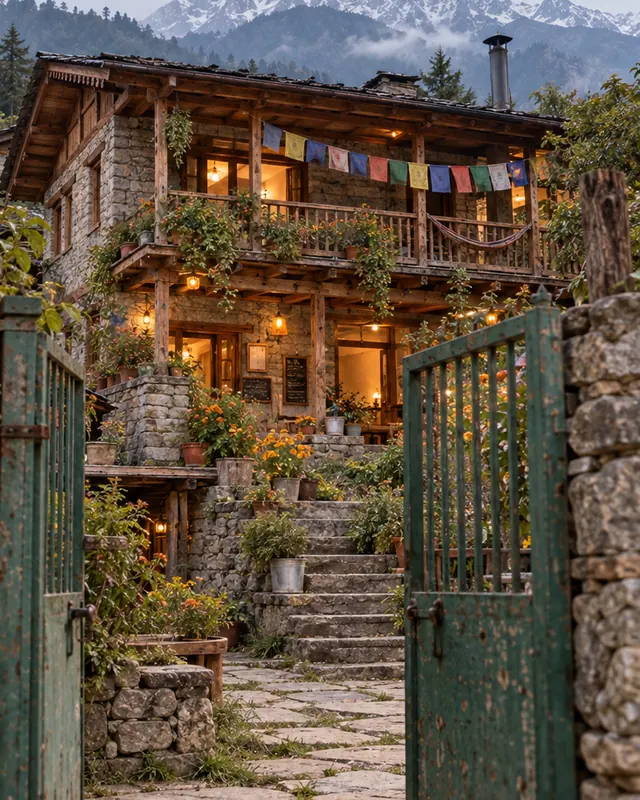 The green metal gate of the hostel, open onto stone steps and a stone-and-wood house