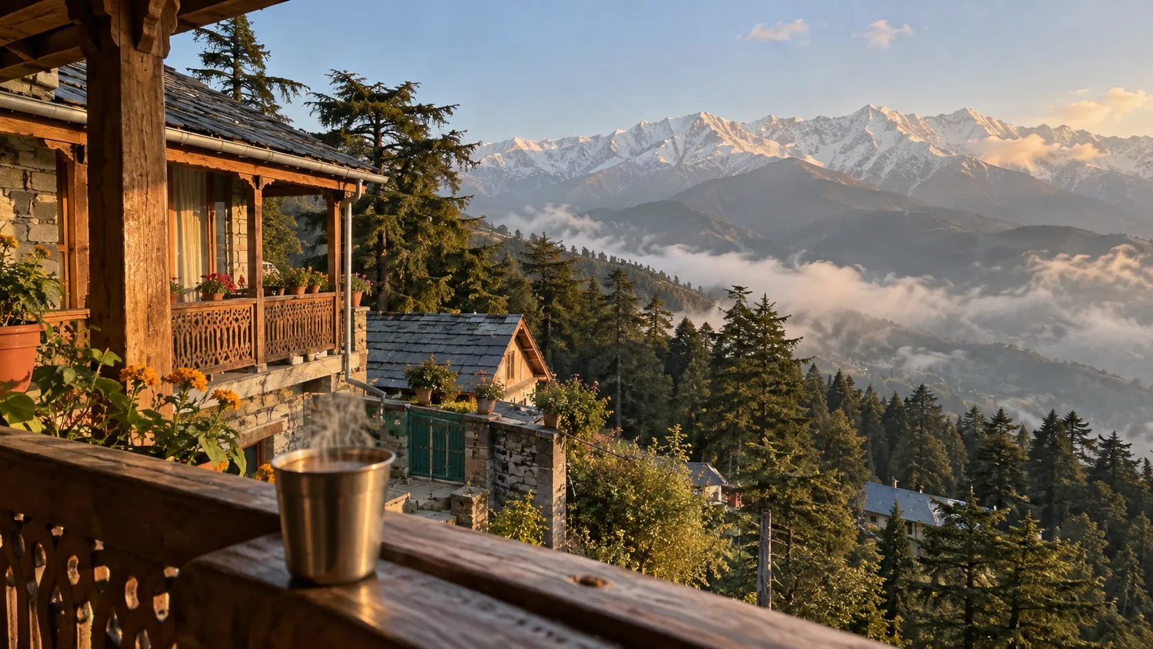 Morning chai on the wooden balcony, with the snow peaks of the Dhauladhar behind