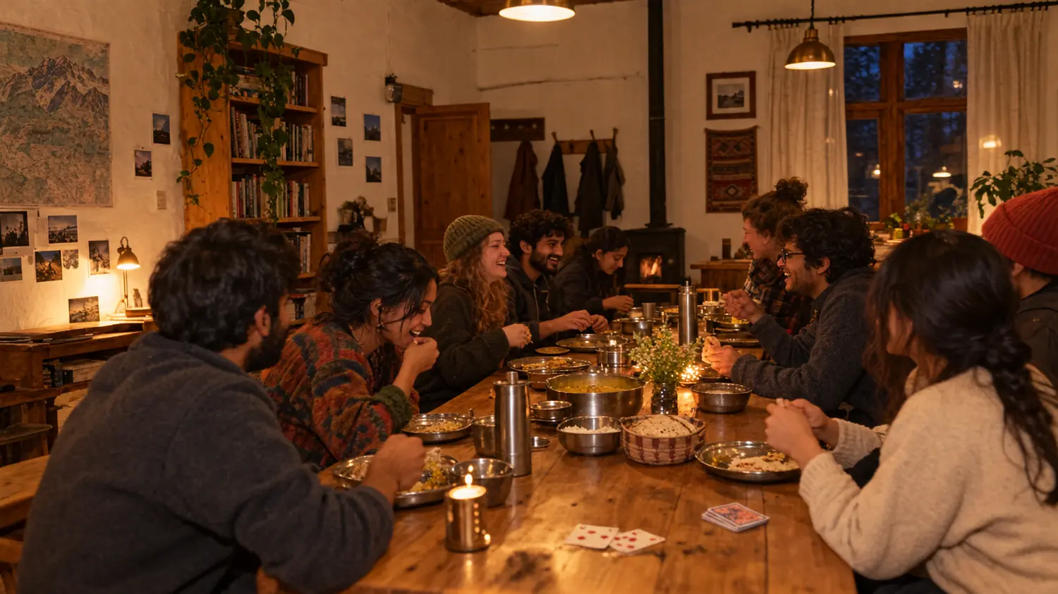 Guests laughing over a family-style dinner of dal, rice and rotis at a long wooden table