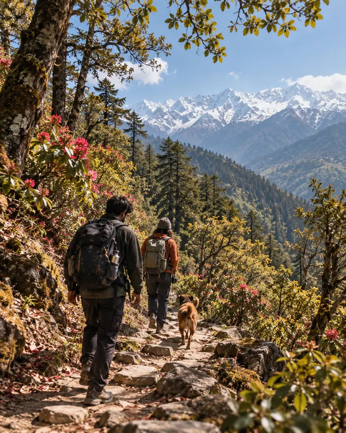 Two hikers and a brown dog on a forest trail towards the snow peaks