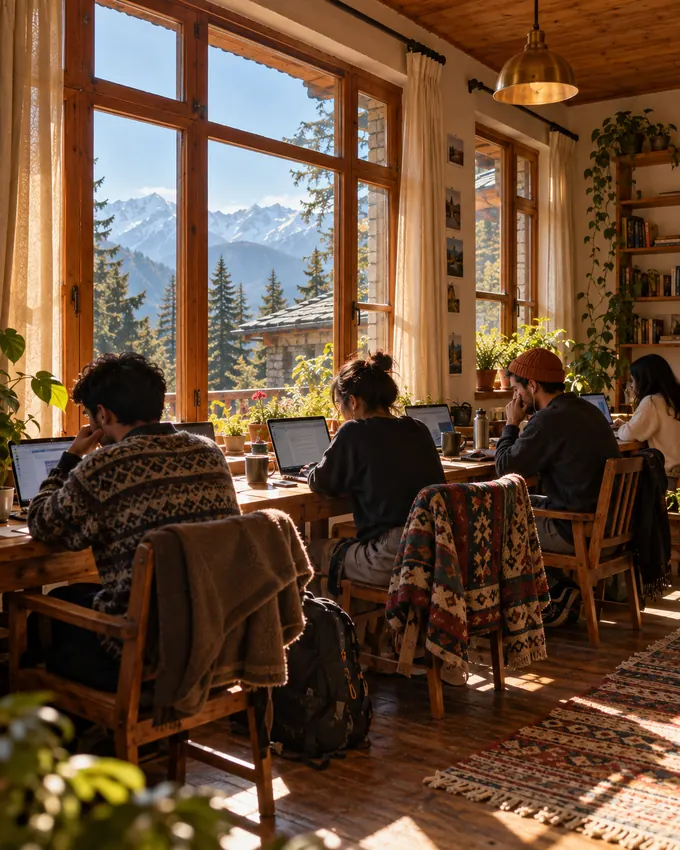 Guests working on laptops at a long table, snow peaks outside